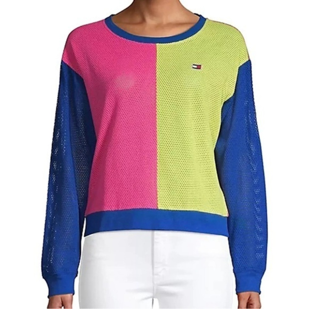 TOMMY HILFIGER SPORT Eyelet Mesh Top Crop Pullover Colorblock Medium 80’s NWT